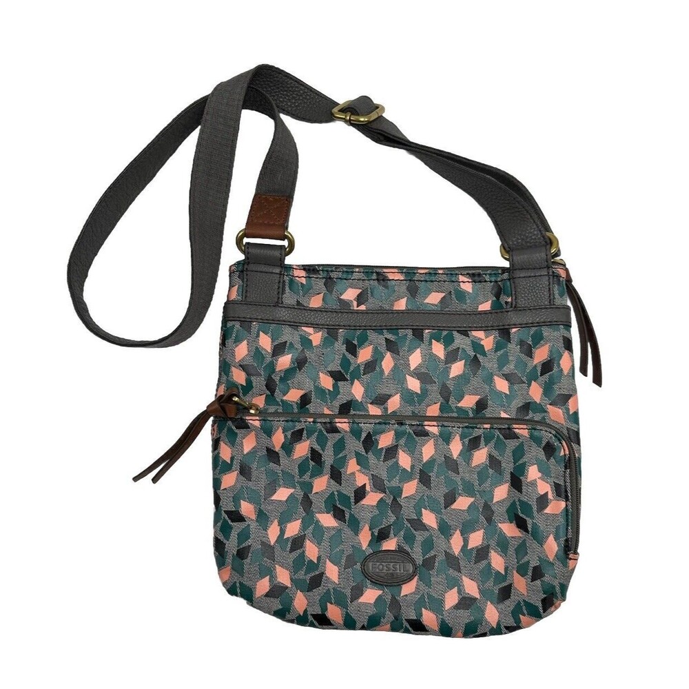 Fossil Crossbody Bag mosaic Accents Pink Green Gray Gold Tone Hardware Flaw